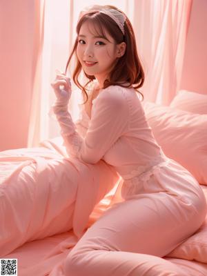 A woman in a white shirt and panties sitting on a bed.