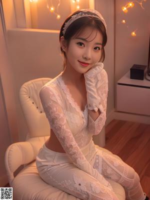 A woman in a white dress and gloves posing for a picture.