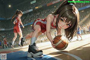 A woman in a basketball uniform holding a basketball on a court.